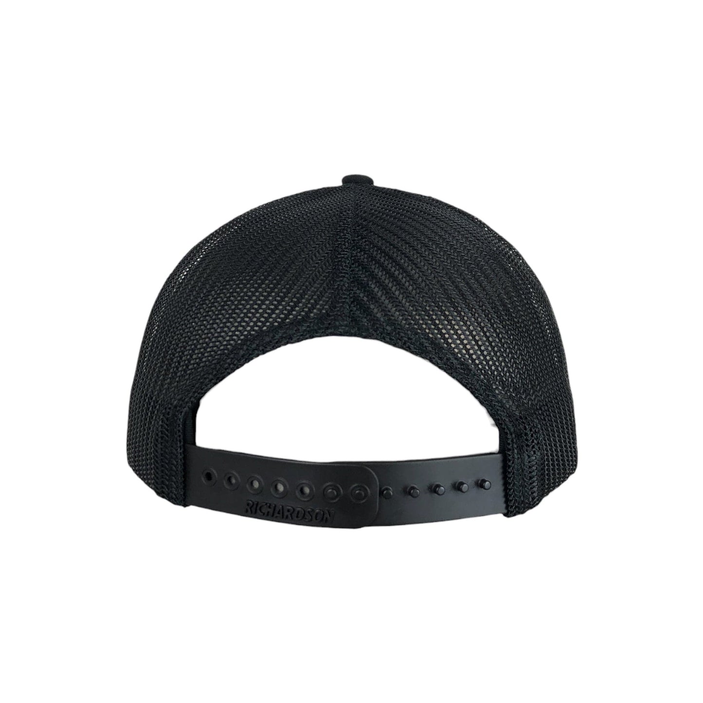 Back of the adjustable DubSea Fish Sticks all black, Richardson 112 trucker hat.