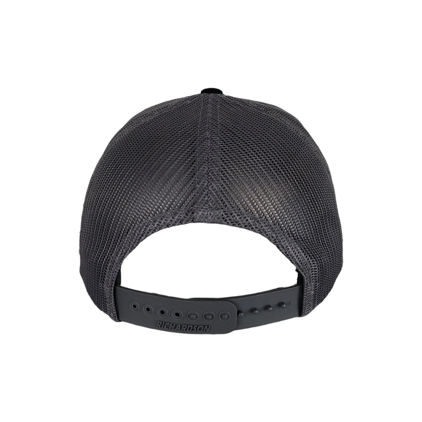 Back of the Fish Sticks black and grey, adjustable trucker hat.