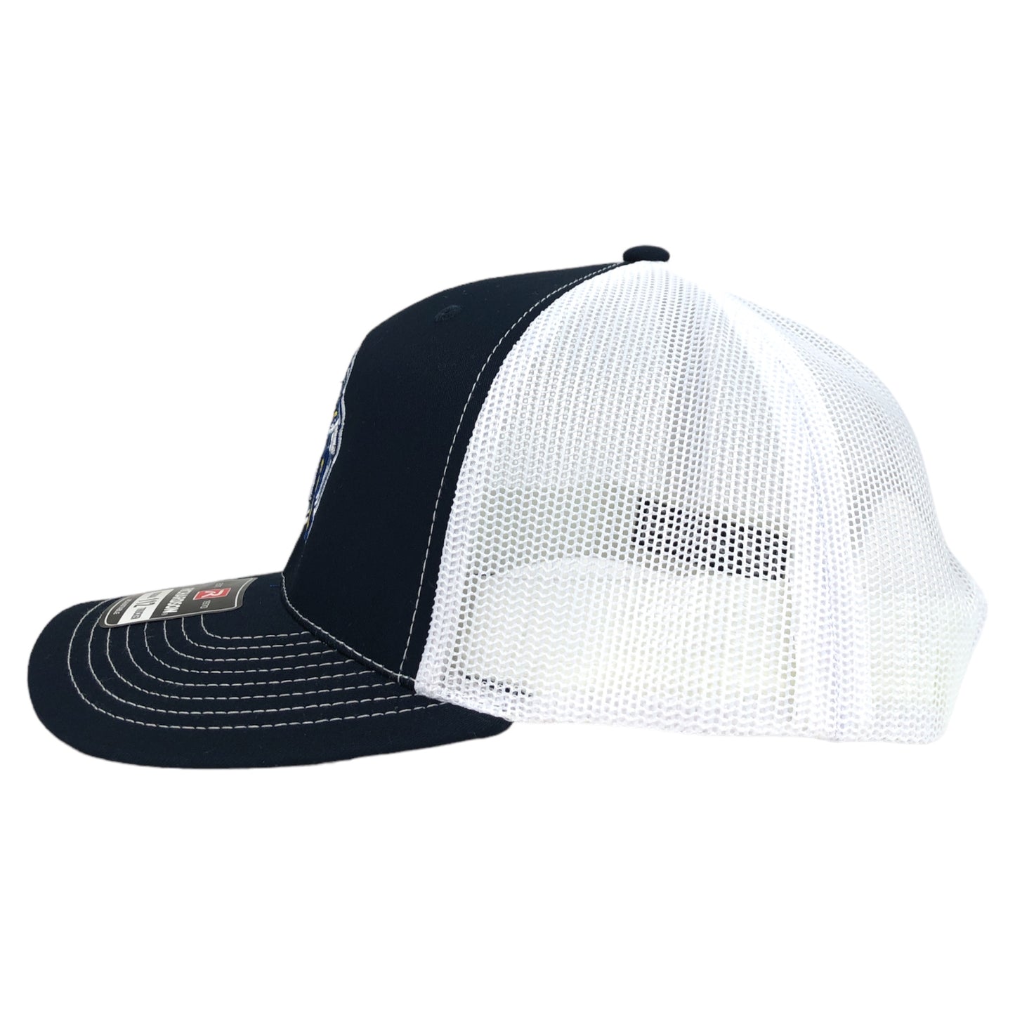 Left side of DubSea Fish Sticks ice cube logo, navy blue and white Richardson trucker hat.