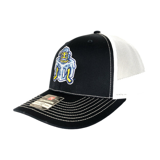 Fish Sticks ice cube logo, navy and white, Richardson 112 adjustable trucker hat.