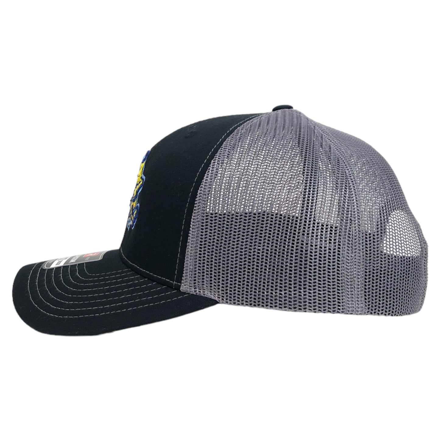Left side of Fish Sticks black and grey Richardson 112 adjustable trucker hat.