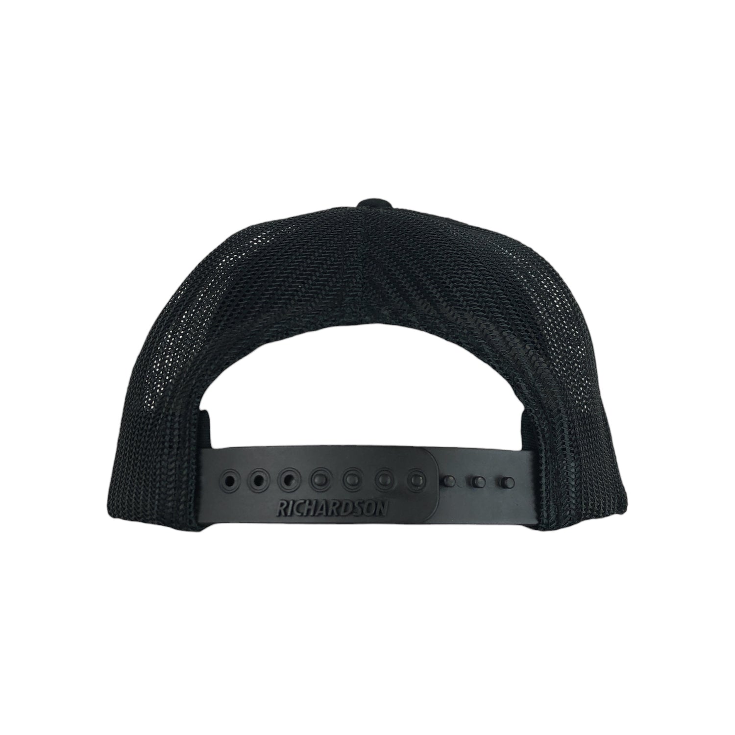 Back of Richardson adjustable all black trucker hat