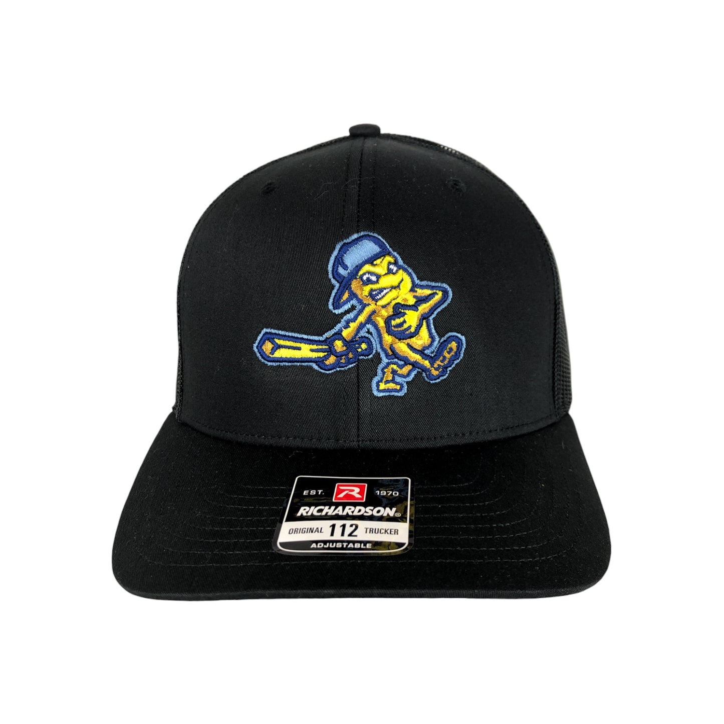 DubSea Fish Sticks raised logo on Richardson all black adjustable trucker hat.