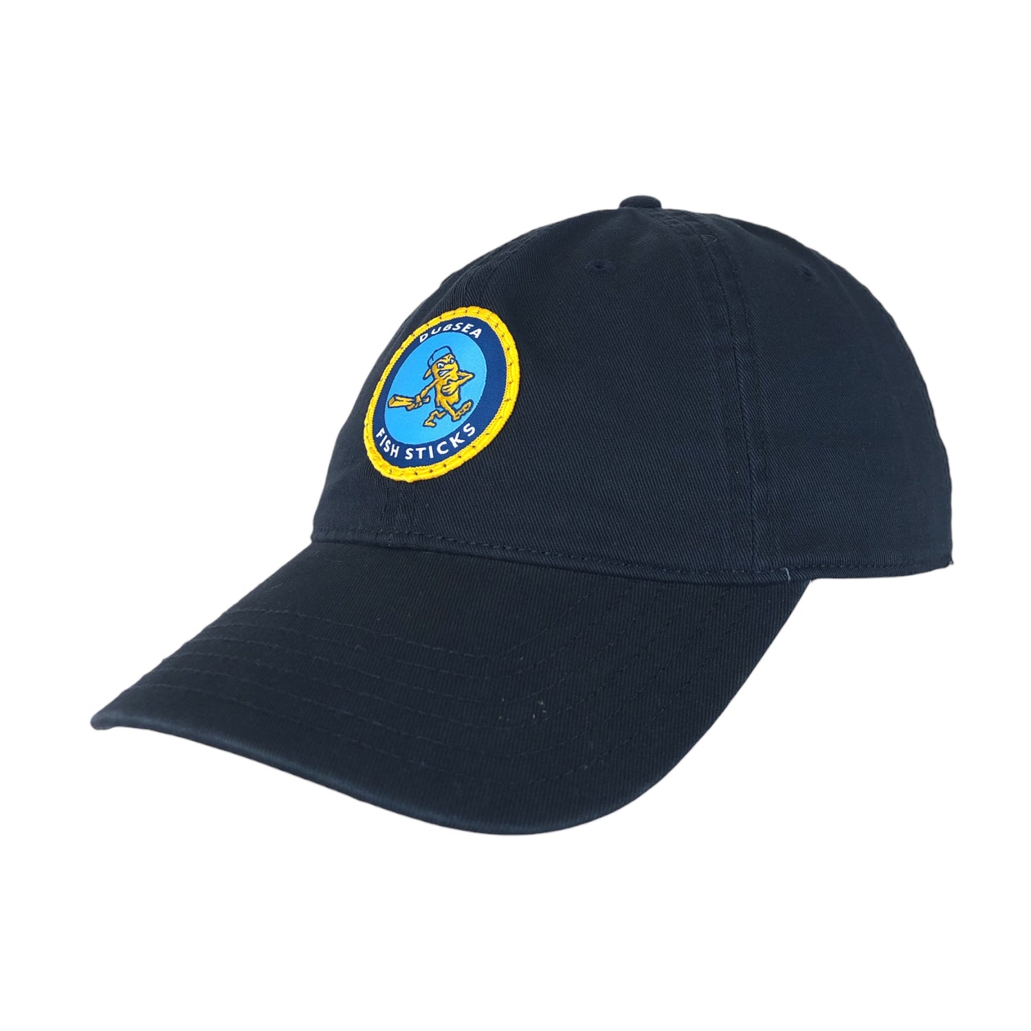 DubSea Fish Sticks navy blue adjustable dad hat with full color patch.