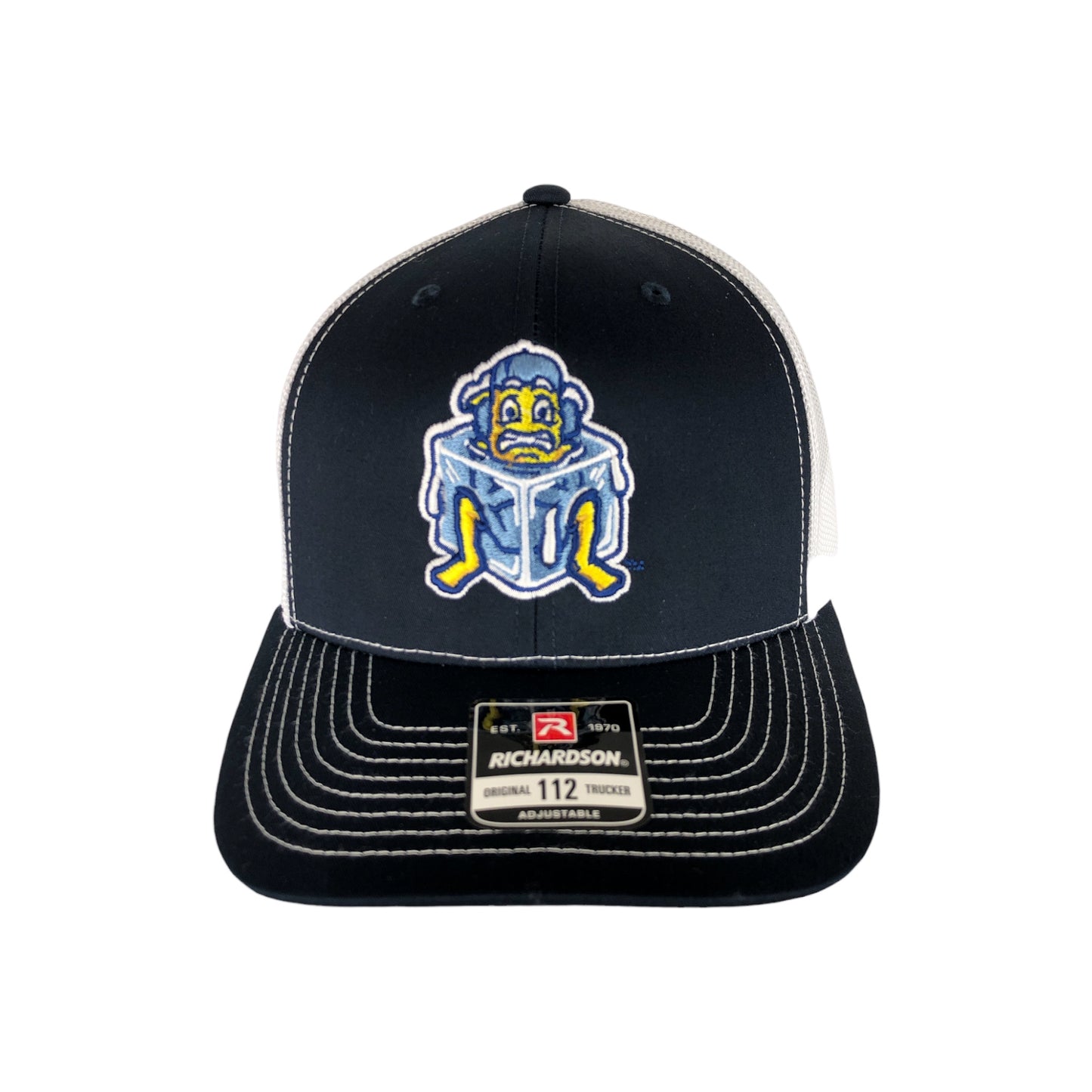 Front of DubSea Fish Sticks ice cube logo, navy blue and white trucker hat.