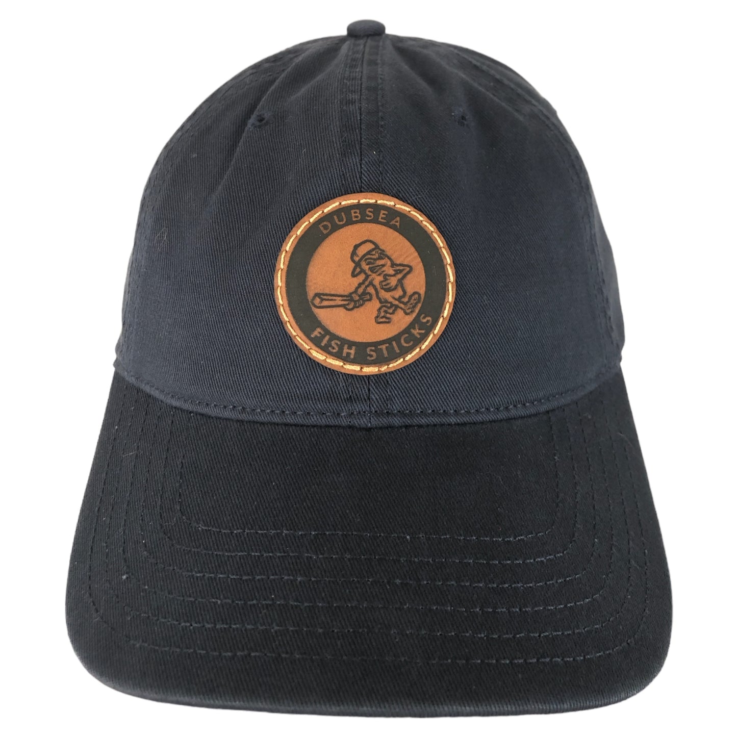 Front of Fish Sticks navy blue adjustable dad hat with leather patch.