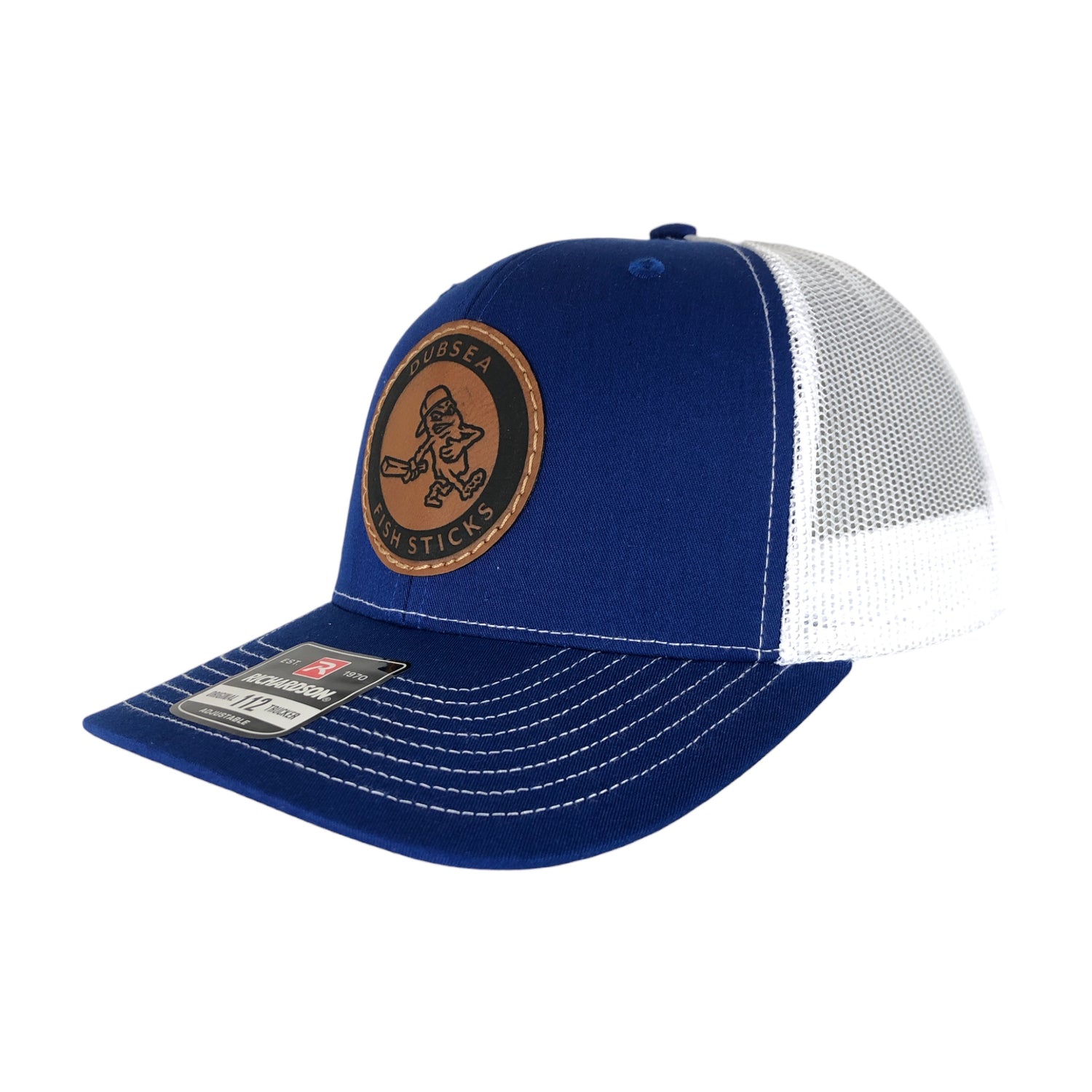 DubSea Fish Sticks royal and white leather patch, adjustable, Richardson 112 trucker hat.