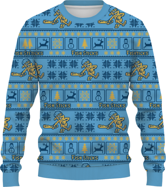 Ugly Christmas Sweater | Fish Sticks Logo | Light Blue