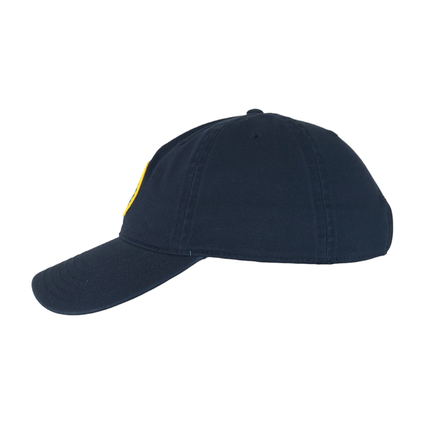 Side of DubSea Fish Sticks relaxed fit navy blue adjustable dad hat with color patch. 